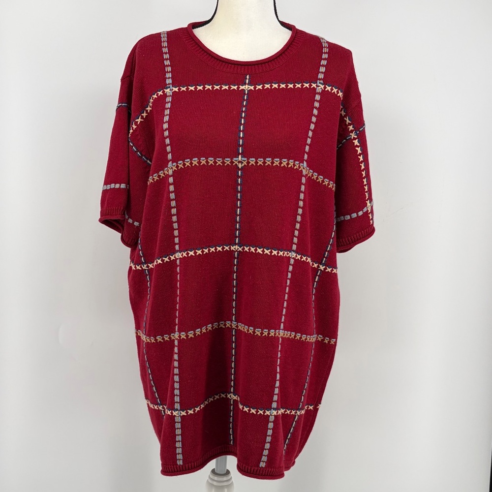 Liz & Me Women’s Sweater Short-Sleeve Red Cotton Embroidery Windowpane Plaid